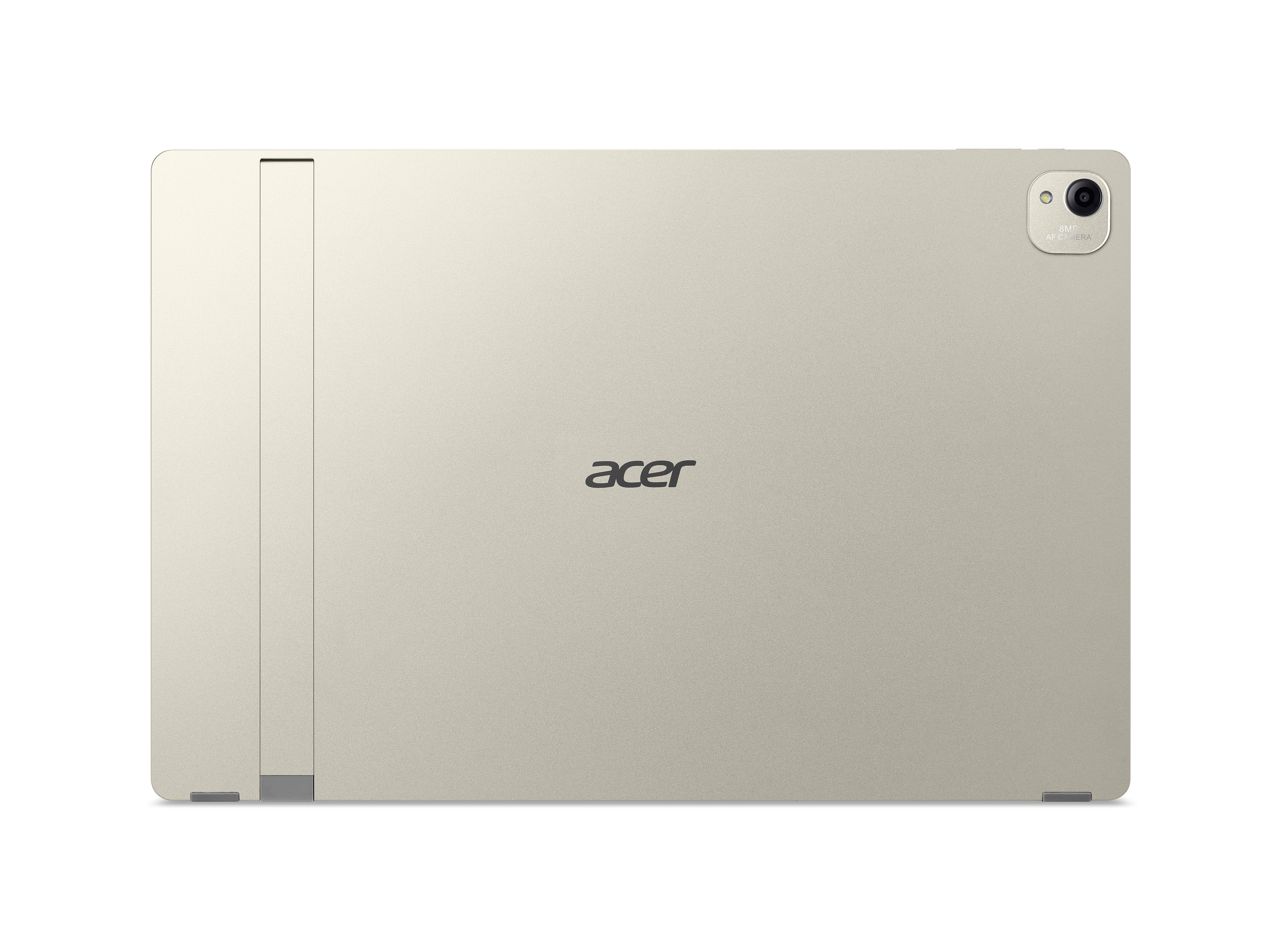 Rückseite eines goldenen Acer-Tablets mit vertikalem Ständer und integrierter Kamera.