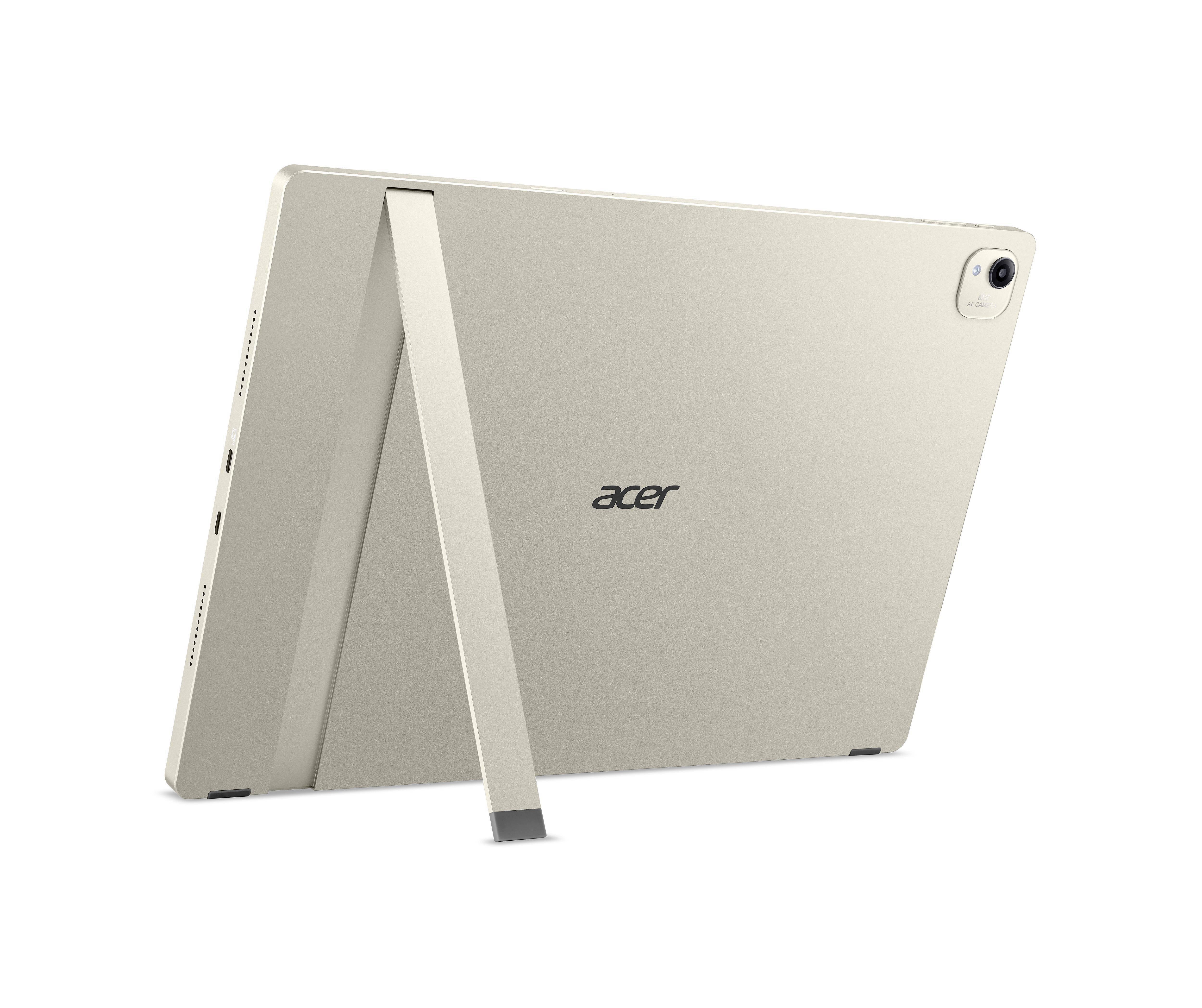 Goldfarbenes Acer-Tablet von hinten mit integriertem Ständer und Kamera.