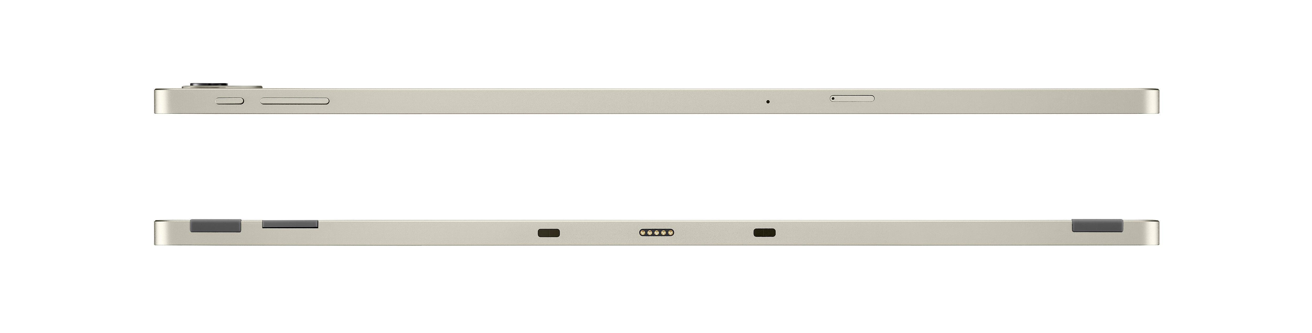 Ansicht der Seitenkanten eines goldenen Tablets mit Tasten und Anschlüssen.