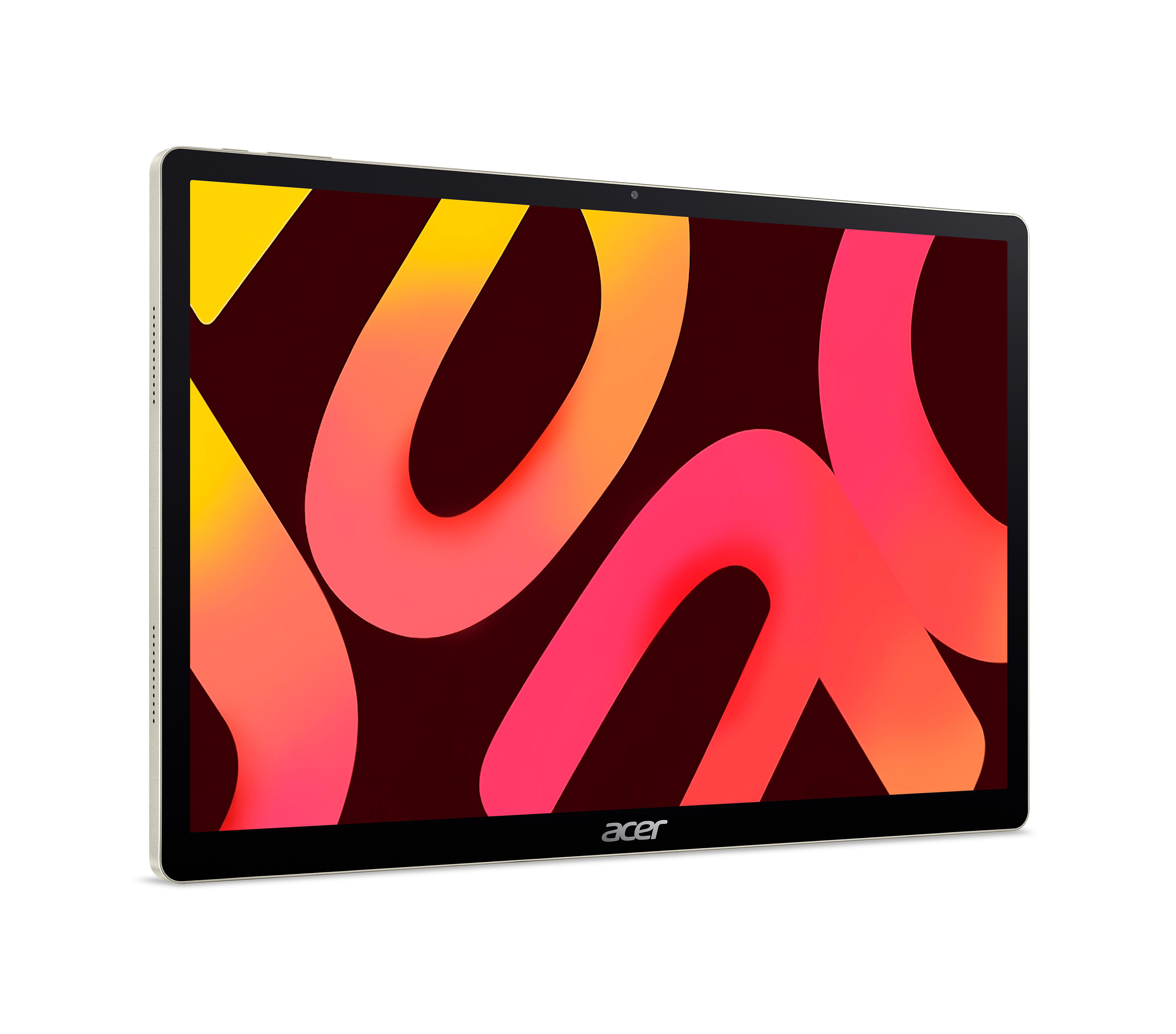 Ein Acer Tablet PC zeigt ein buntes abstraktes Hintergrundbild mit gelben und roten Kurven auf schwarzem Grund.