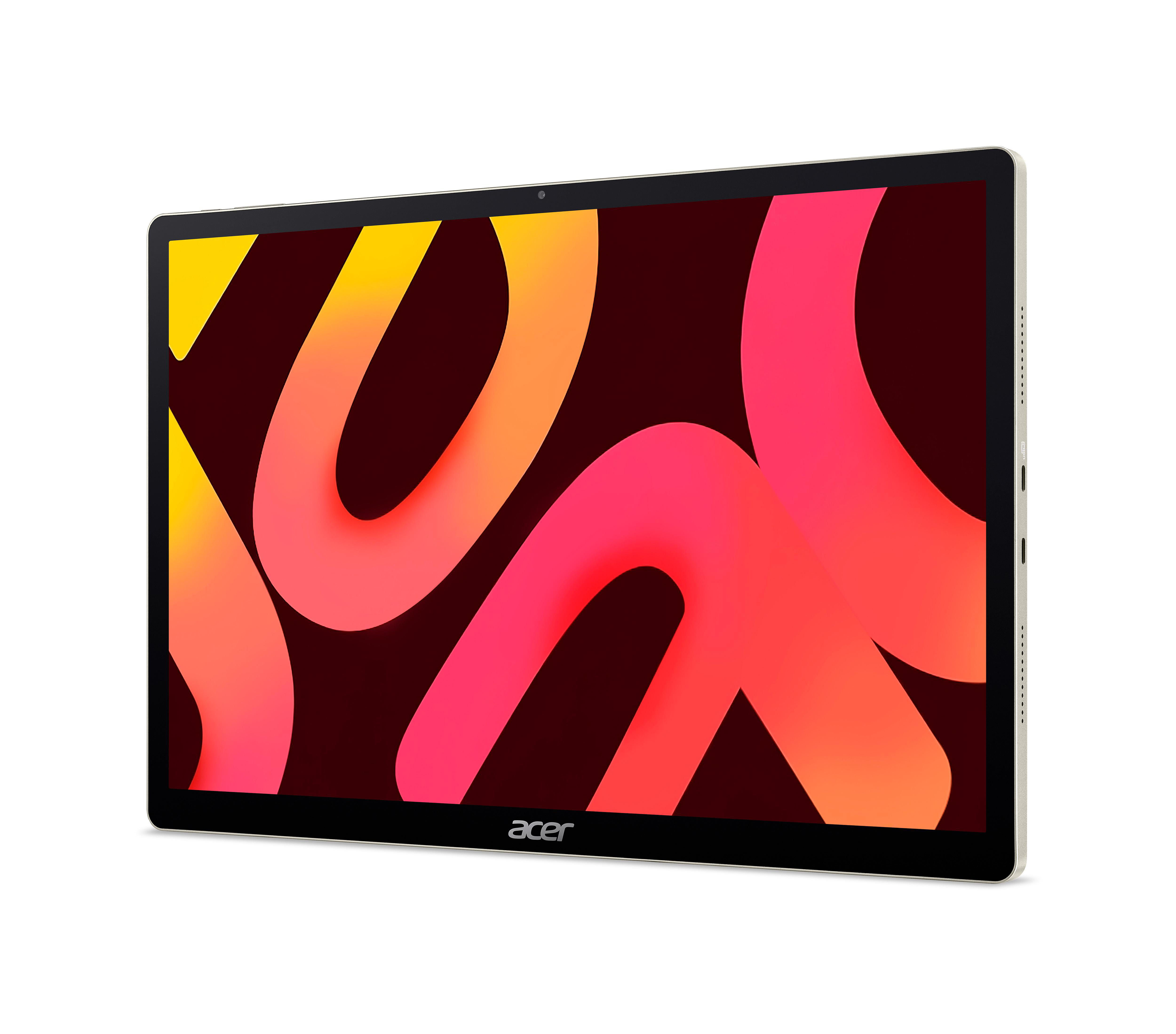 Ein Acer Tablet PC zeigt ein buntes abstraktes Hintergrundbild mit gelben und roten Kurven auf dem Bildschirm.