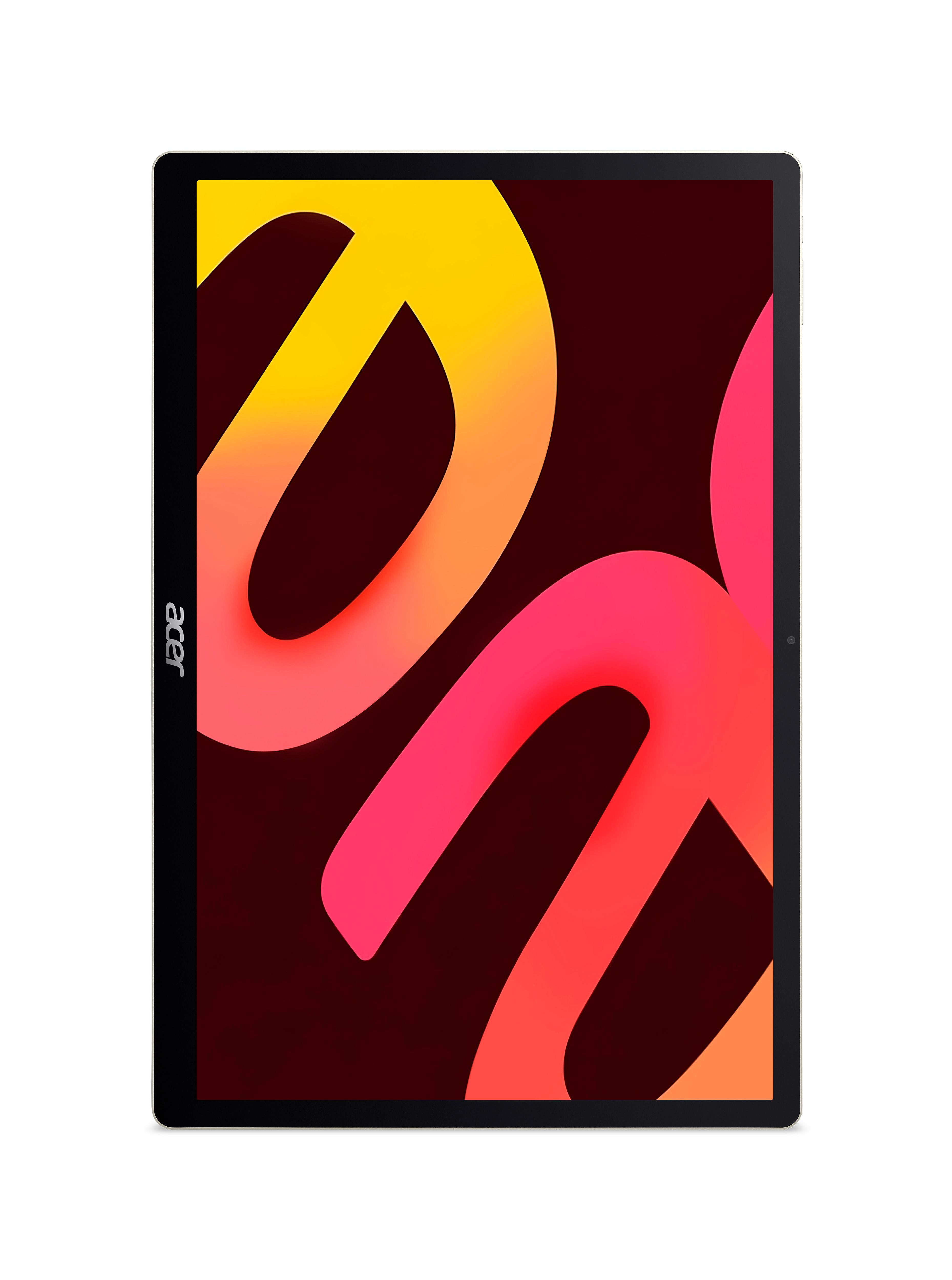 Ein Acer Tablet zeigt ein Display mit roten und gelben abstrakten Formen vor dunklem Hintergrund.
