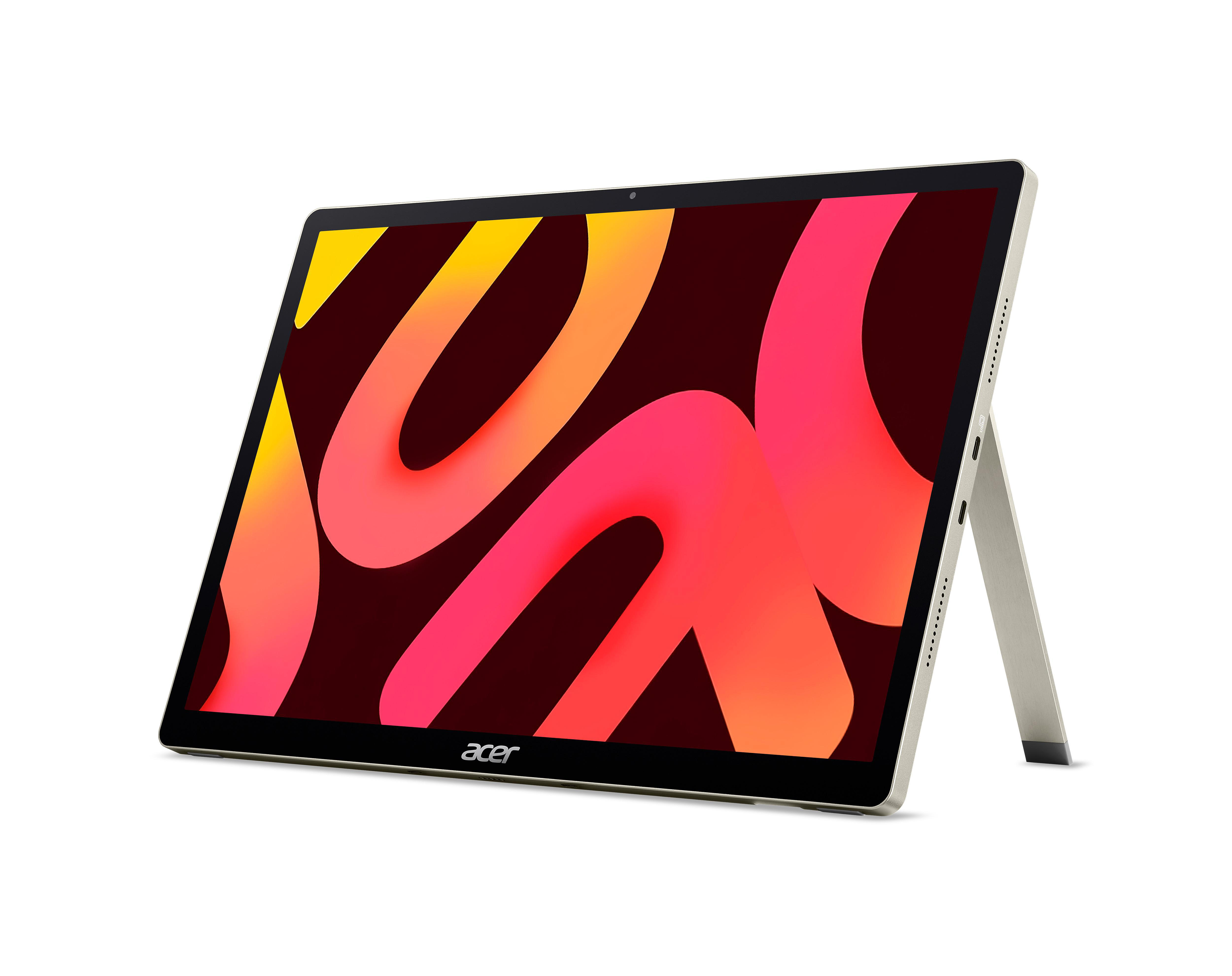 Ein silberner Acer-Tablet-PC mit integriertem Ständer und bunten abstrakten Formen auf dem Bildschirm vor weißem Hintergrund.