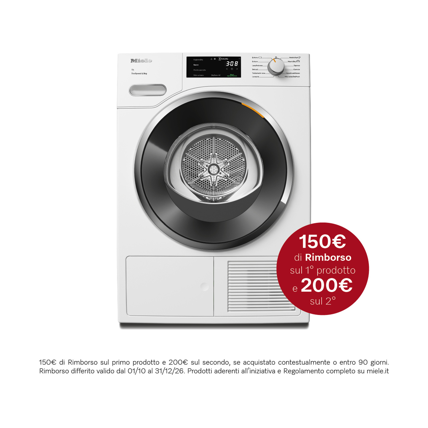 Asciugatrice bianca Miele T1 con adesivo promozionale rosso in basso a destra che offre un rimborso fino a 200 euro.