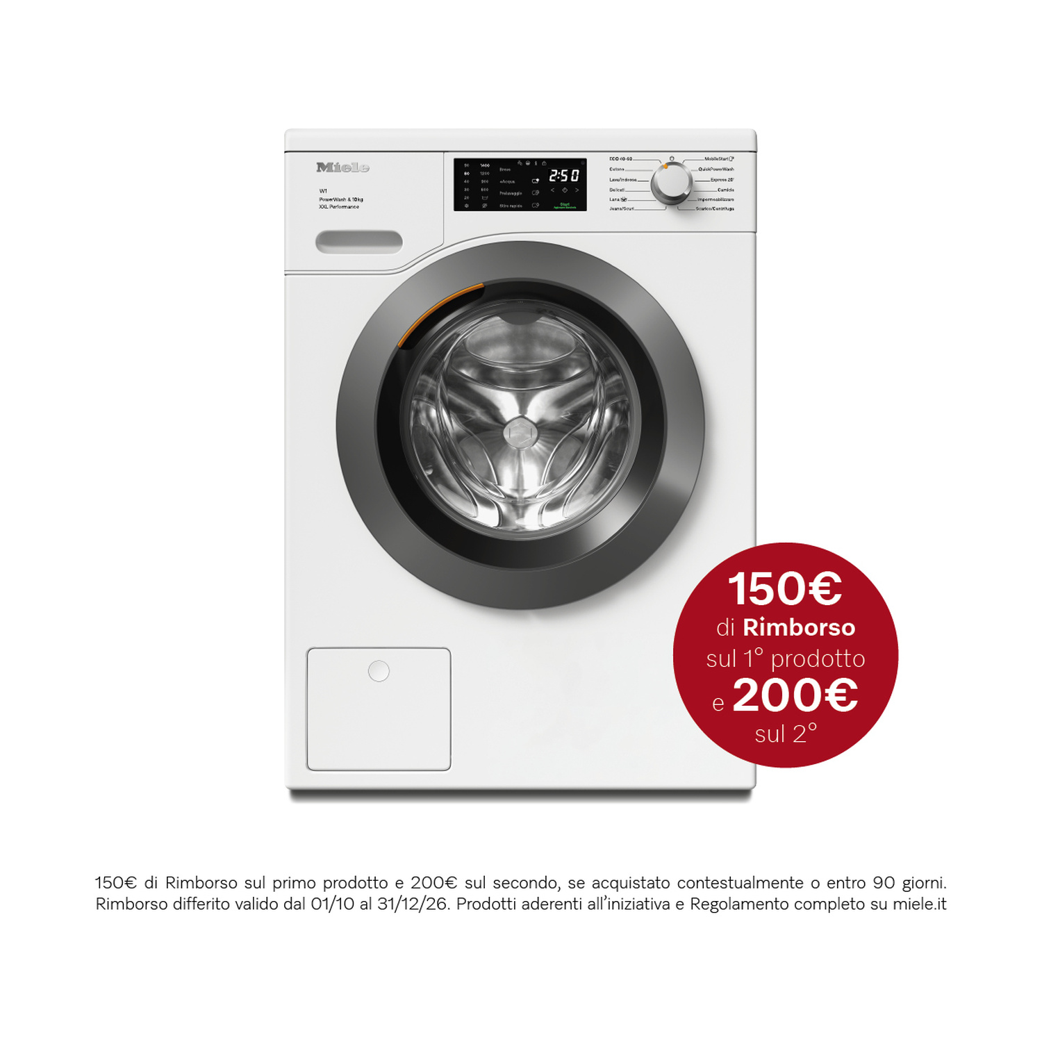 Lavatrice bianca Miele con display digitale e bollo promozionale rosso a destra.