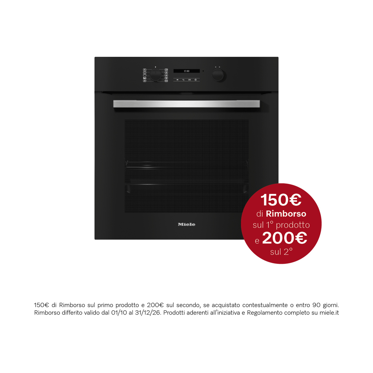 Forno da incasso Miele nero con maniglia argento e adesivo promozionale rosso nell'angolo in basso a destra.