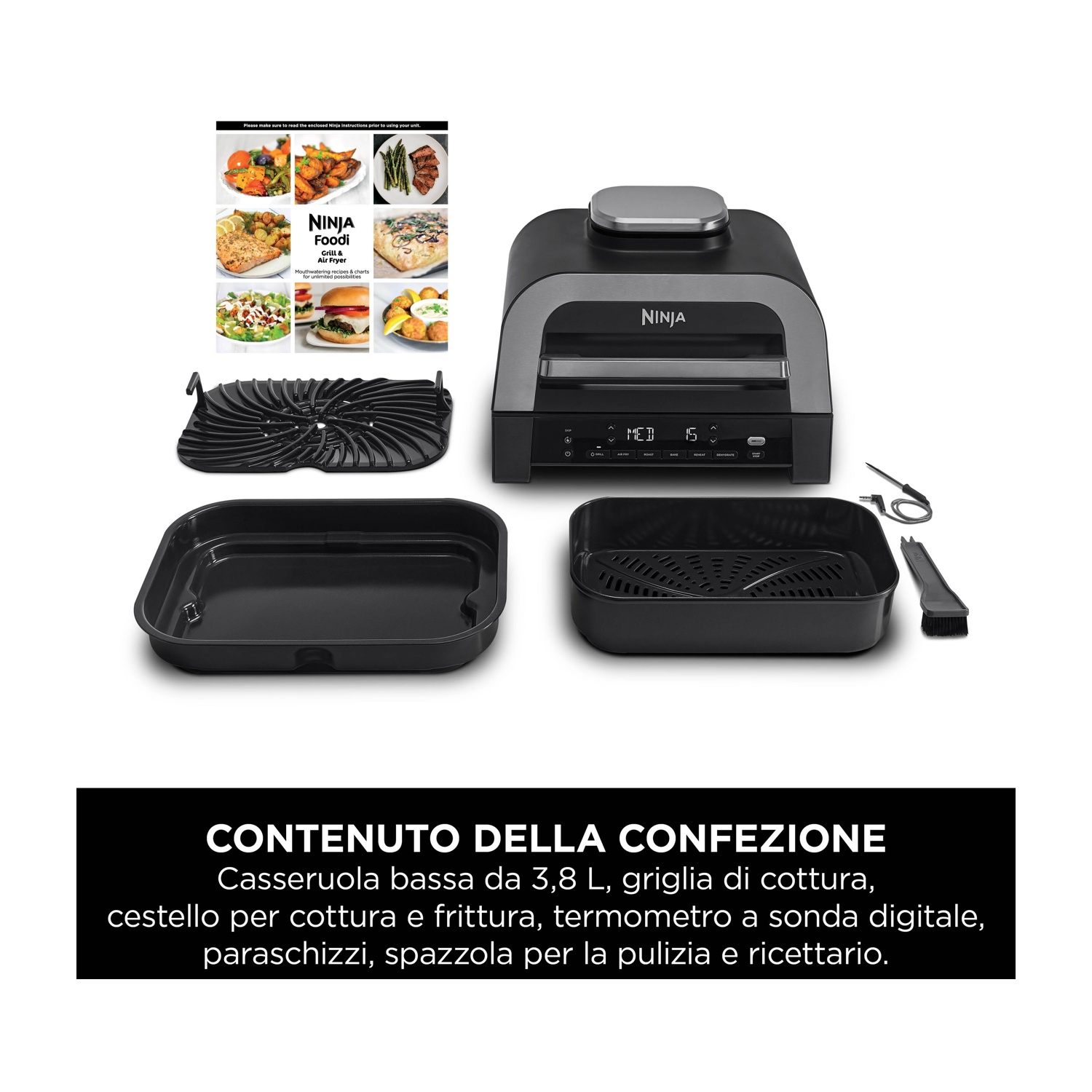 Griglia e friggitrice ad aria Ninja Foodi con accessori, cestello, teglia e ricettario su sfondo bianco.