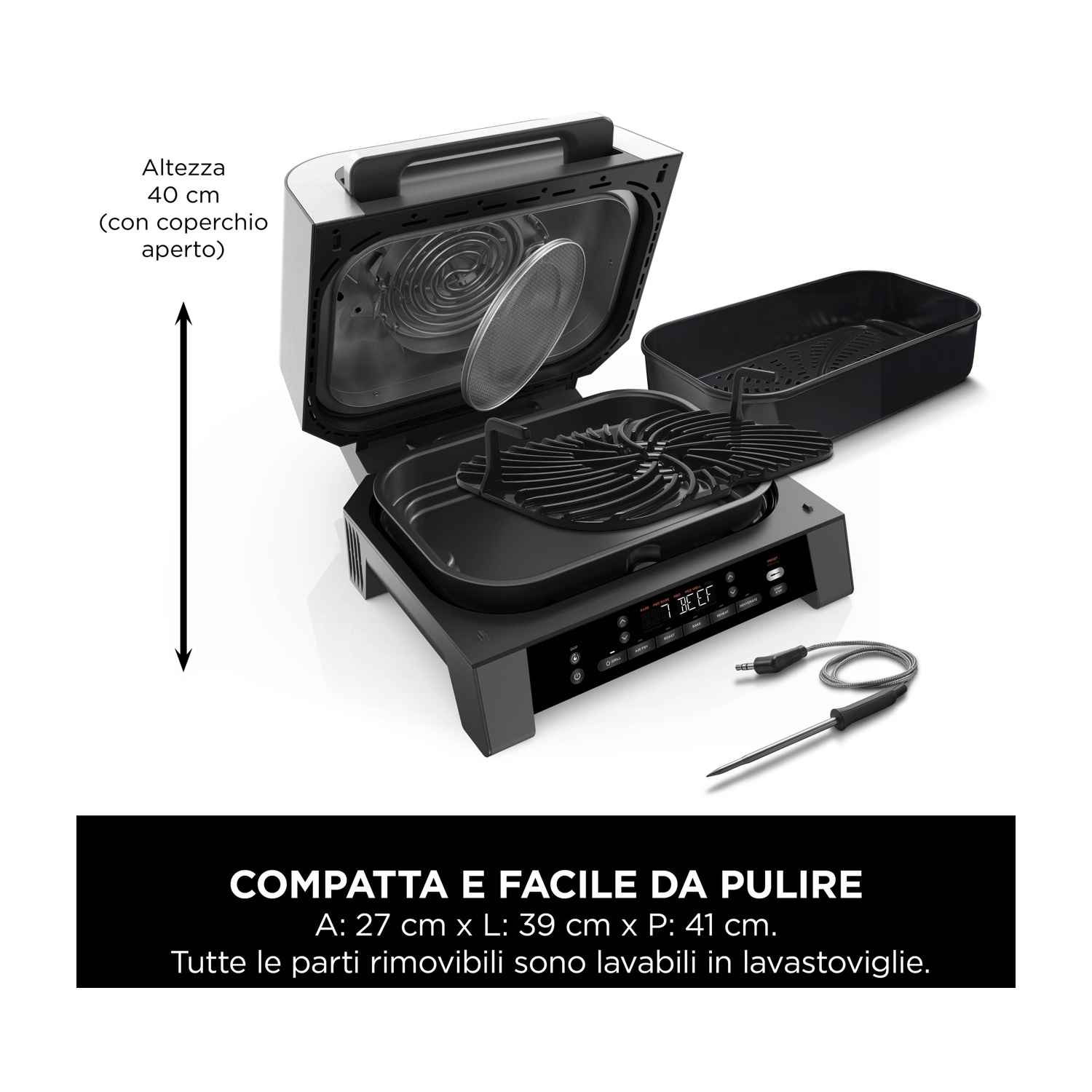 Griglia elettrica aperta con accessori, display digitale e dimensioni indicate.