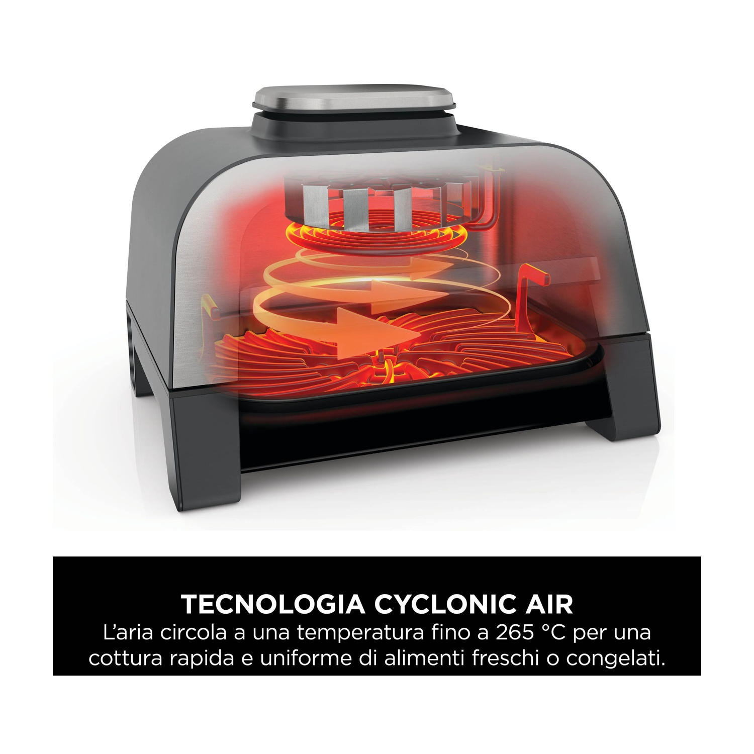Vista in sezione di un forno nero con serpentine termiche rosse e frecce di flusso d'aria all'interno.