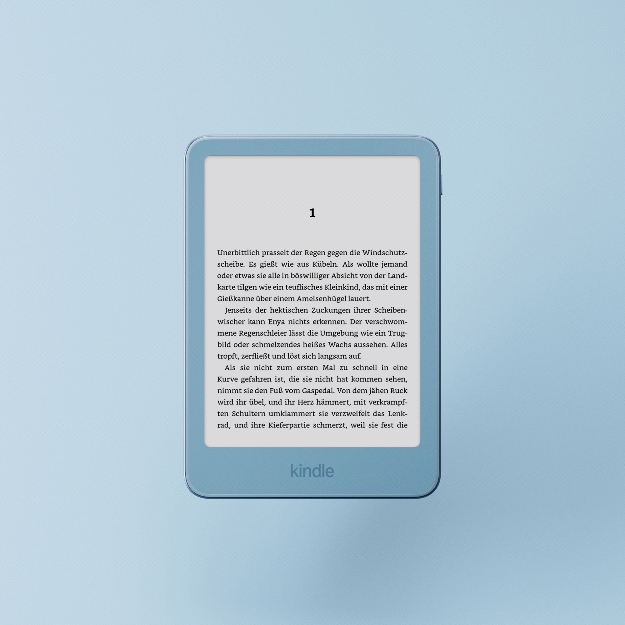 Ein hellblauer E-Reader zeigt deutschen Text auf dem Bildschirm vor einem passenden hellblauen Hintergrund.