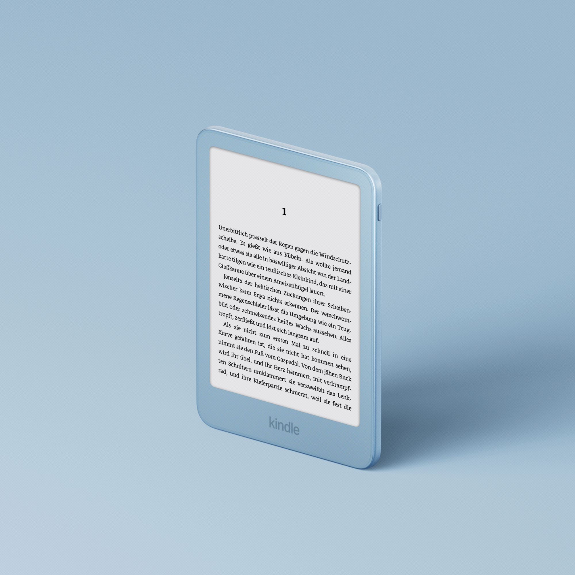Ein blauer Kindle e-Reader mit offenem Text auf dem Bildschirm, isoliert auf hellblauem Hintergrund.