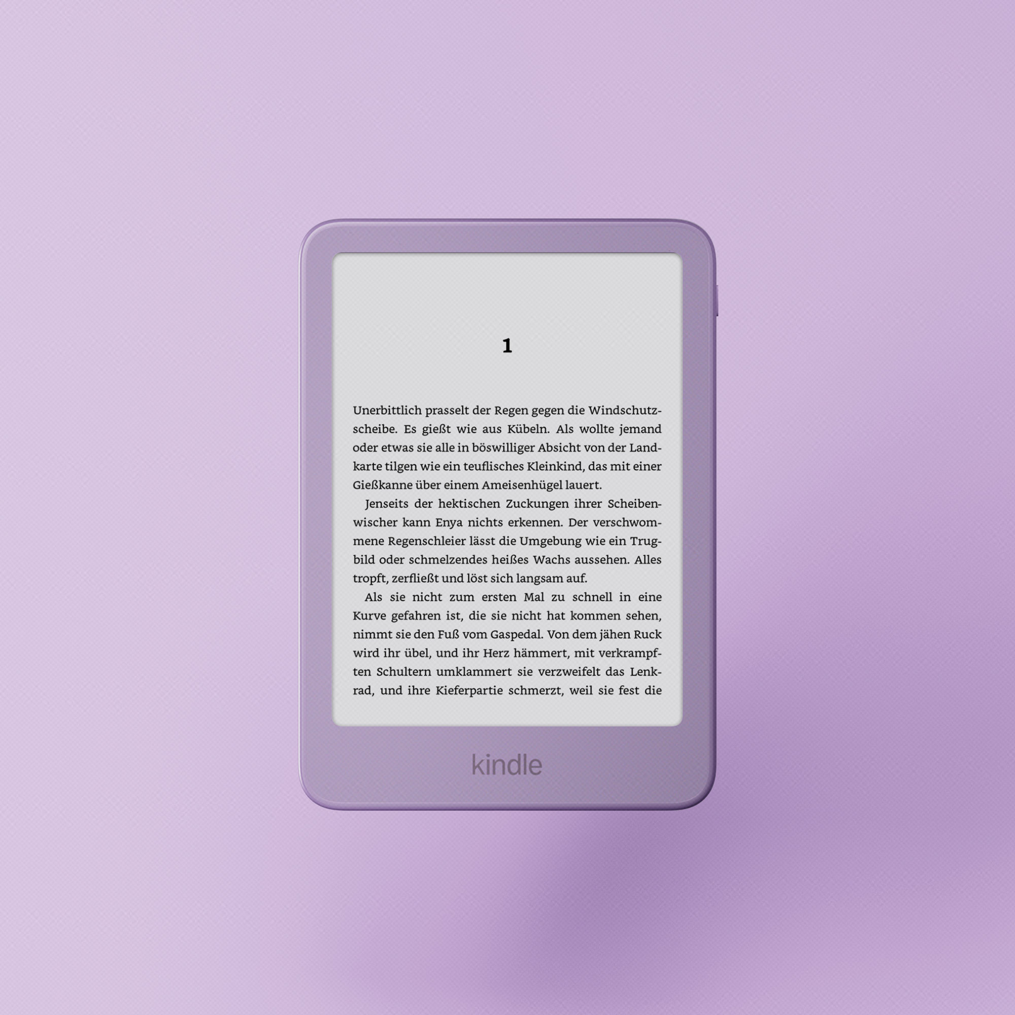Ein lila Kindle eReader zeigt eine Buchseite mit deutschem Text auf einem lilafarbenen Hintergrund.
