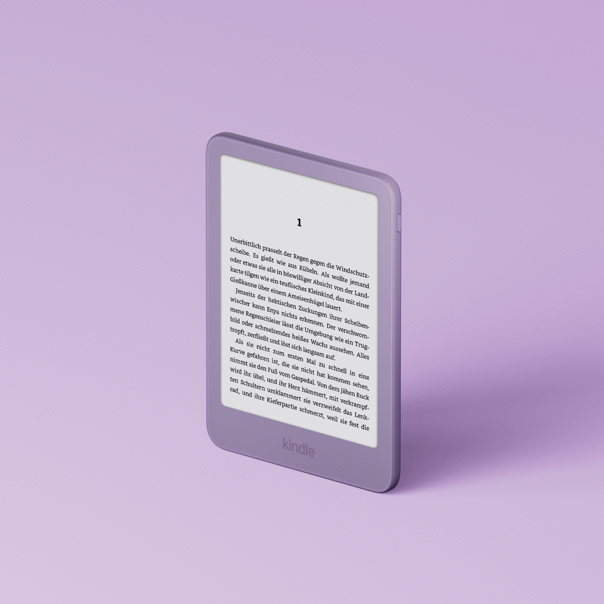 Ein lila Kindle E-Reader mit offenem Buchtext steht auf einem einfarbigen lila Hintergrund.