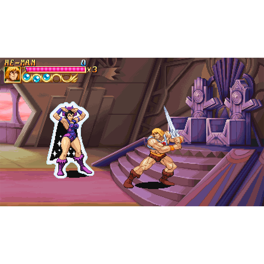 Pixel-Art-Spielszene zeigt He-Man mit Schwert auf Stufentreppe neben einer Frau in Lila vor einem großen Thron.