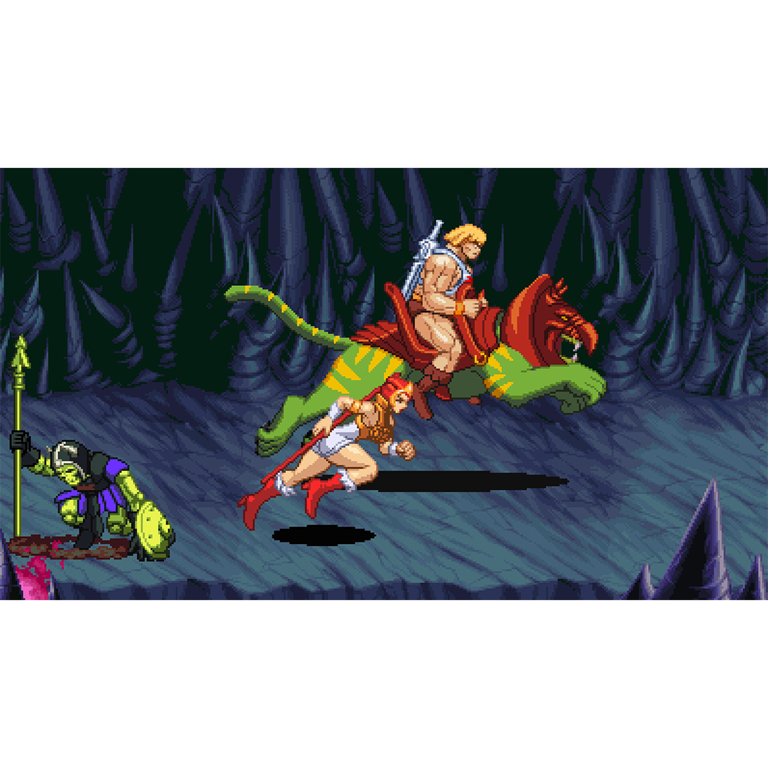 Pixel-Art-Szene mit He-Man auf Battle Cat, Teela rennt darunter und ein grüner Krieger kniet in einer Höhle.
