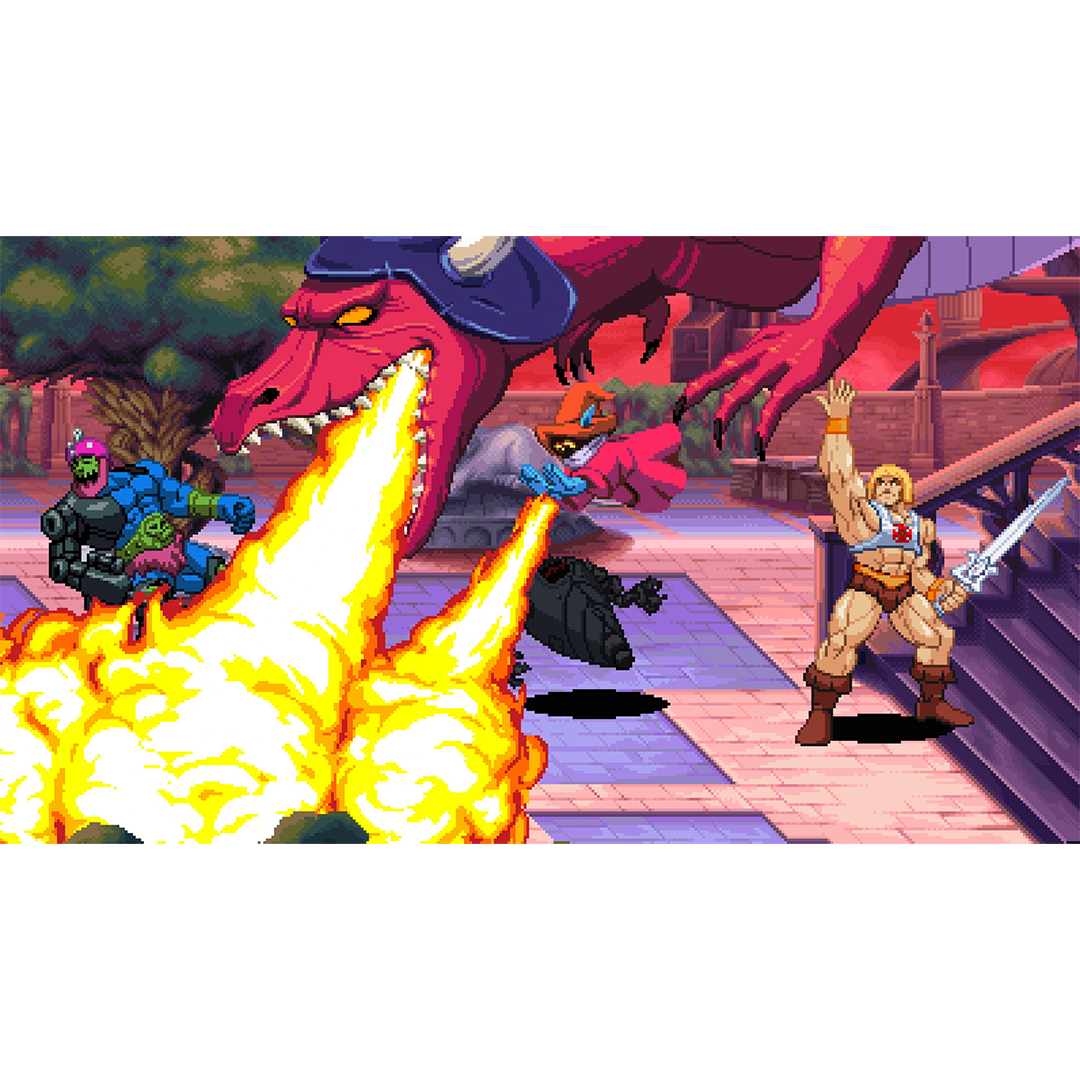 Pixel-Art-Szene mit He-Man, der ein Schwert hält, einer roten feuerspeienden Drachenkreatur und Kriegern.