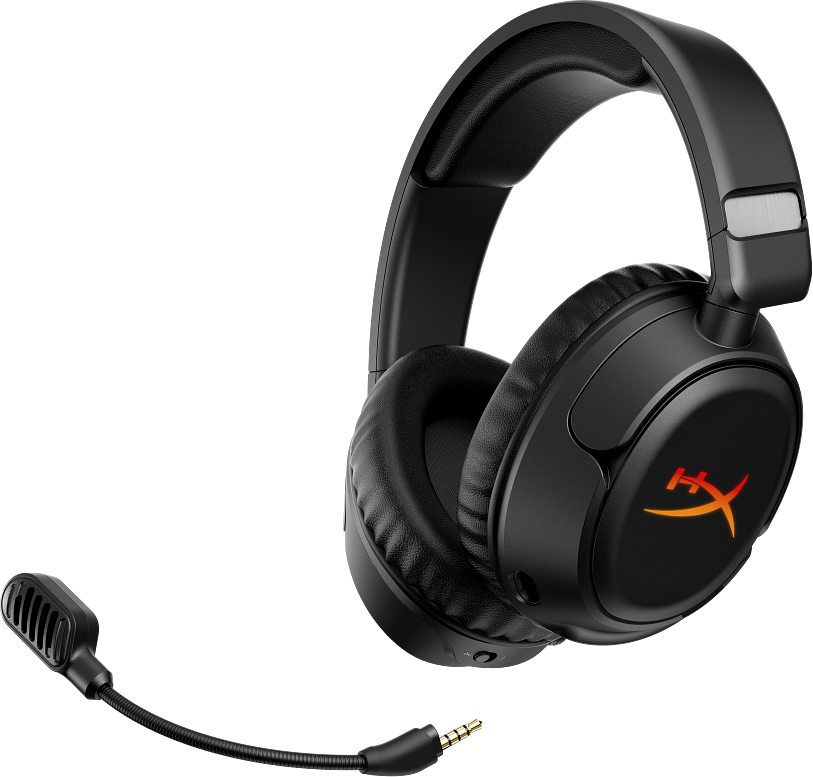 Fekete gamer headset párnákkal, csatlakoztatott mikrofonnal és világító narancssárga logóval fehér háttér előtt.