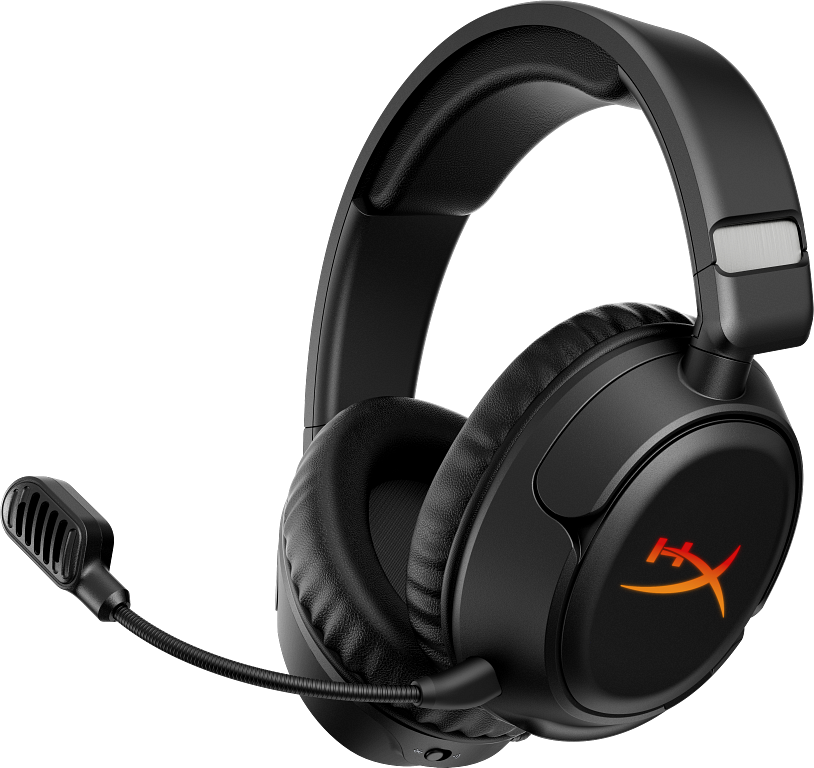 Fekete gamer headset párnázott fülkagylókkal, fejpánttal és rögzített mikrofonnal fehér háttéren.