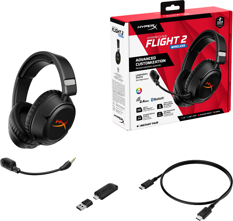 HyperX Cloud Flight 2 vezeték nélküli gamer headset dobozzal, lecsatolható mikrofonnal, USB-kulccsal és kábellel fehér alapon.
