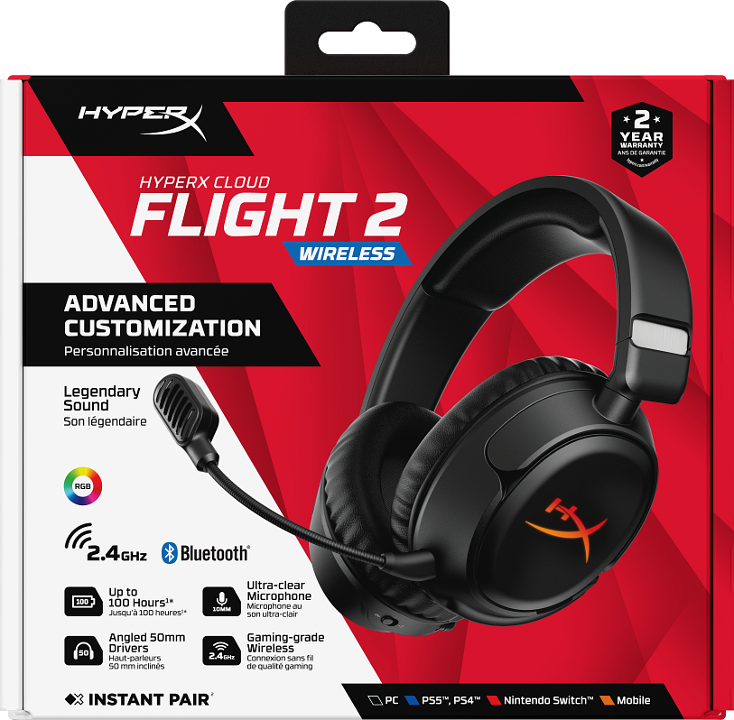 A HyperX Cloud Flight 2 vezeték nélküli gamer headset csomagolása piros és fehér színben, rajta a fejhallgatóval.