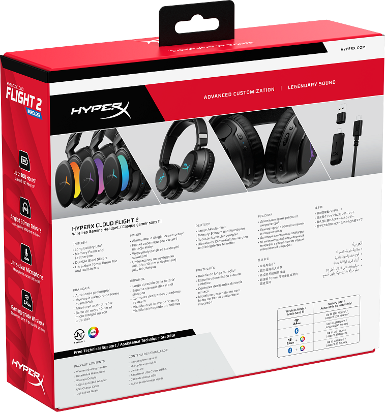A HyperX Cloud Flight 2 vezeték nélküli gamer headset csomagolása termékképekkel és többnyelvű funkciólistákkal.