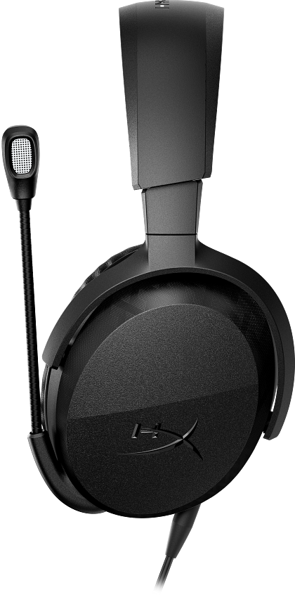 Fekete gamer headset rögzített mikrofonnal, fehér háttérrel.