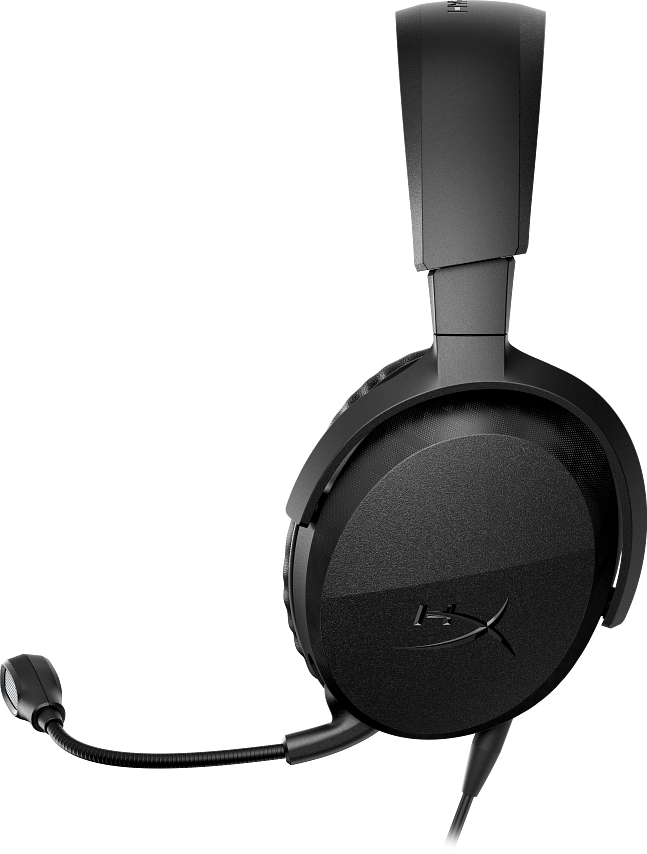 Fekete gamer headset mikrofonnal fehér háttér előtt.