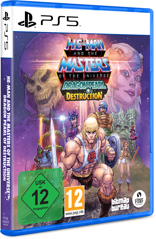He-Man PS5-Spielhülle mit Charakteren vor violetter Kulisse und USK-12-Altersfreigabe.