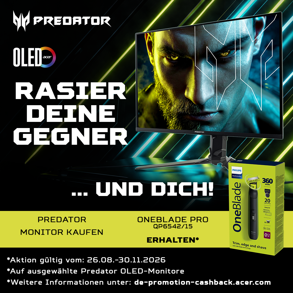 Acer Predator Werbebanner für OLED-Monitore mit Philips OneBlade Pro als Gratis-Zugabe bei Kauf.