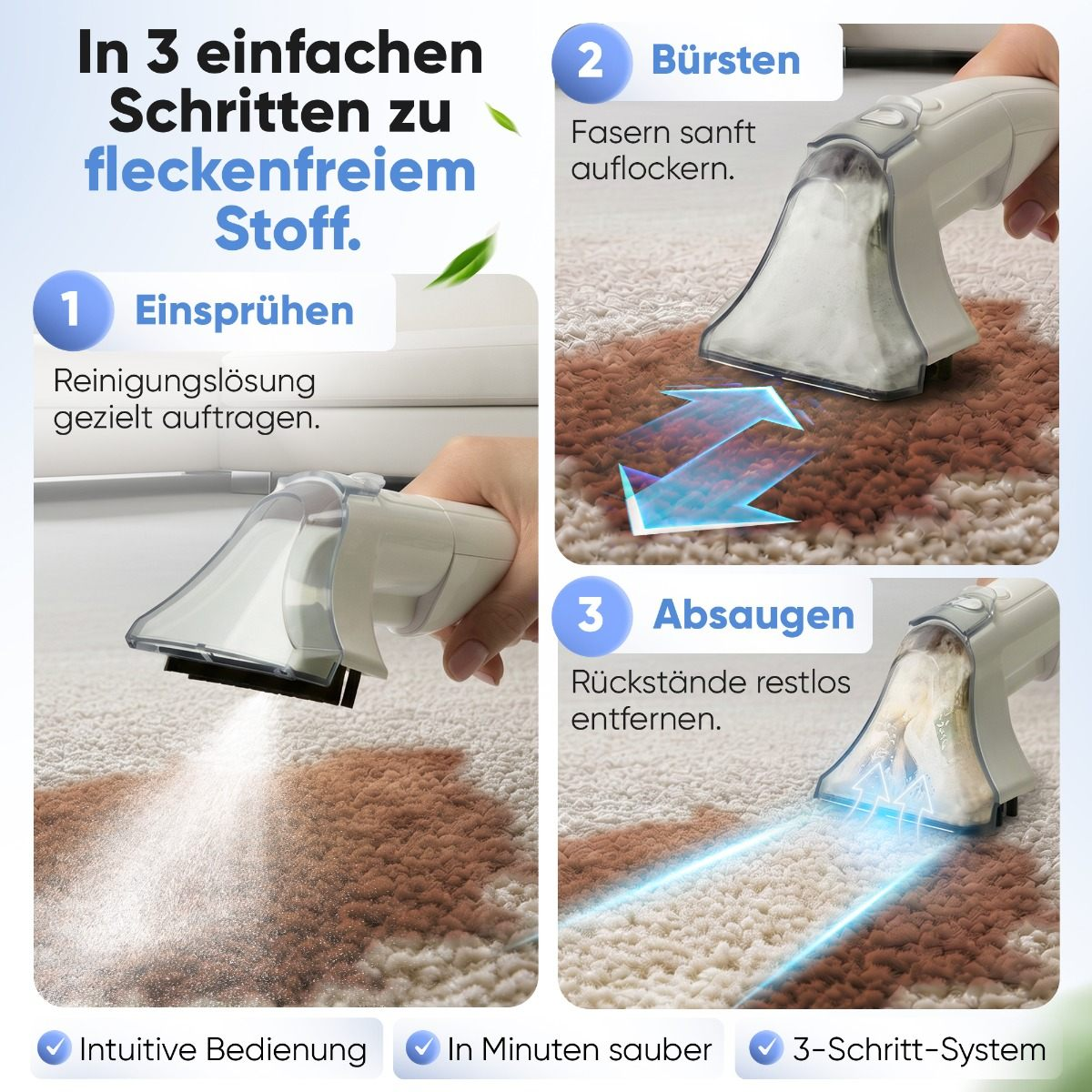 Drei Schritte zur Teppichreinigung: Sprühen, Bürsten und Absaugen.