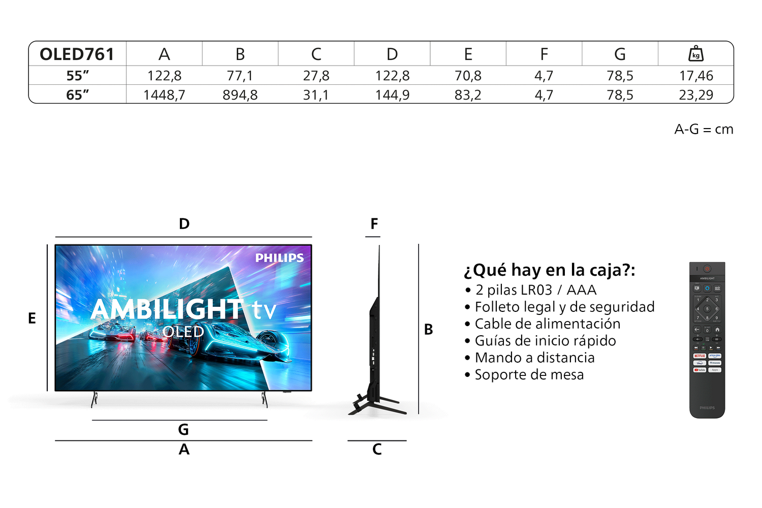 Diagrama con las dimensiones del televisor OLED761, una lista del contenido de la caja y un mando a distancia.