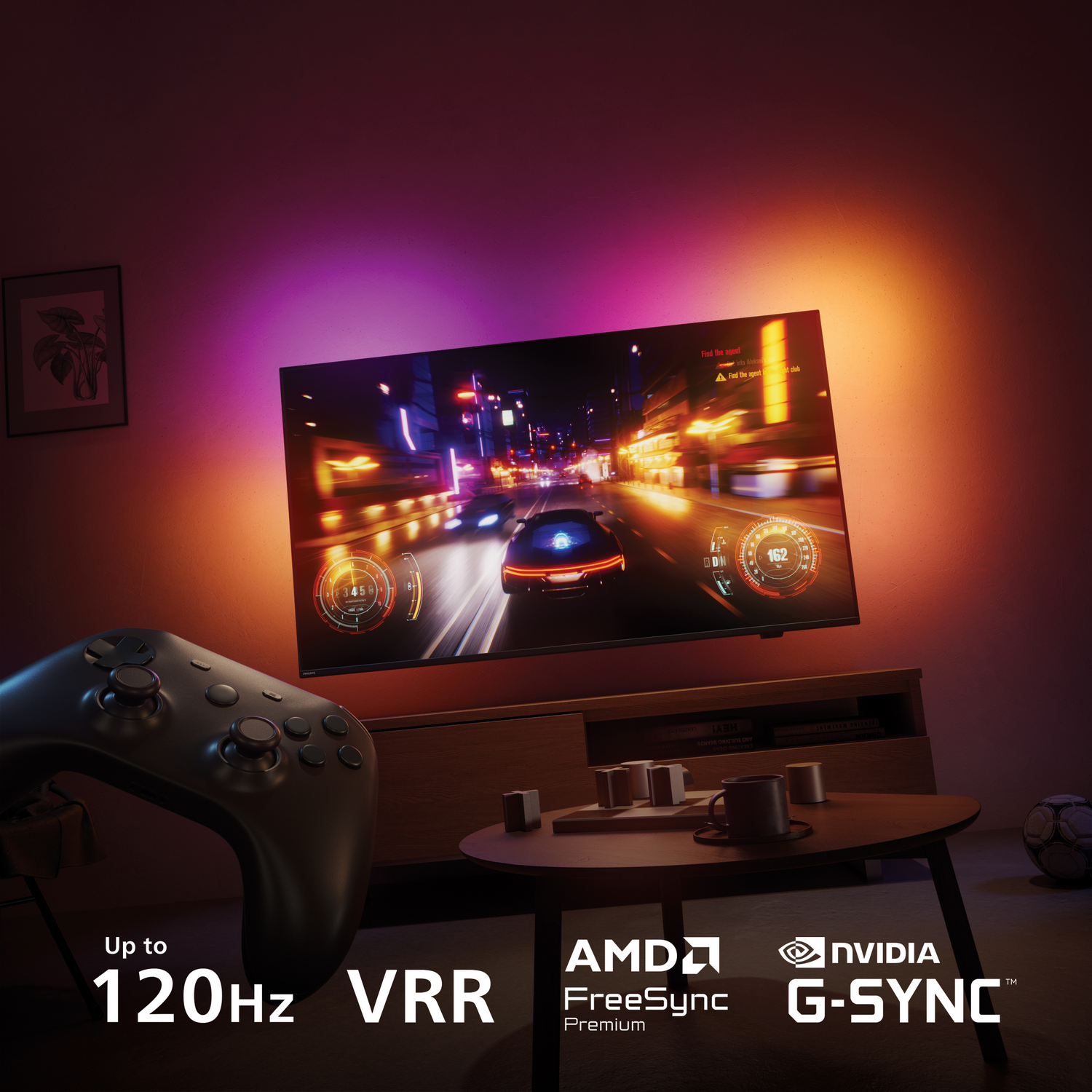 Un televisor con un juego de carreras y un mando en una mesa en una habitación cálida.