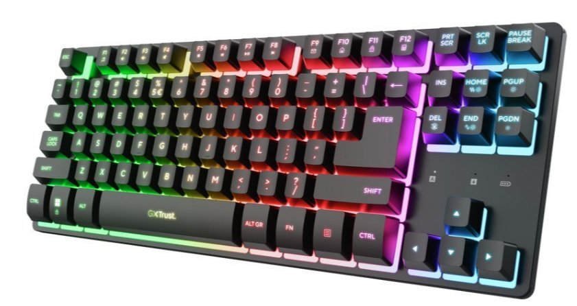 Czarna klawiatura dla graczy z konfigurowalnym podświetleniem RGB na białym tle.
