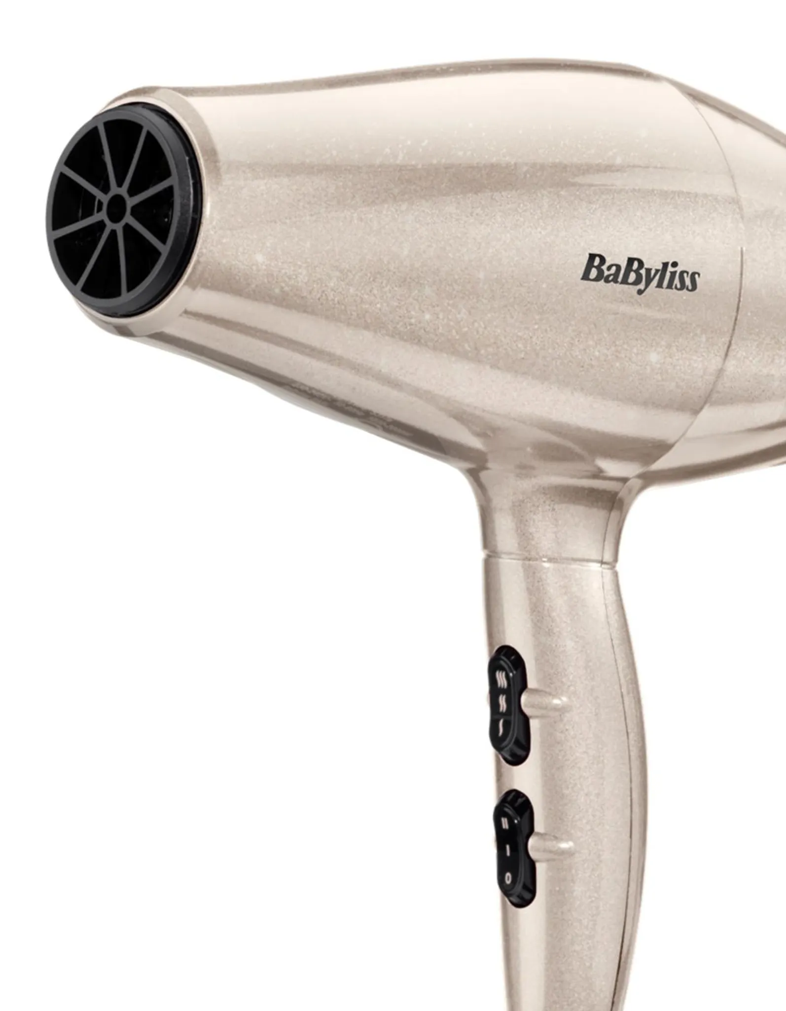 Un secador de pelo BaByliss beige brillante con interruptores negros sobre fondo blanco.