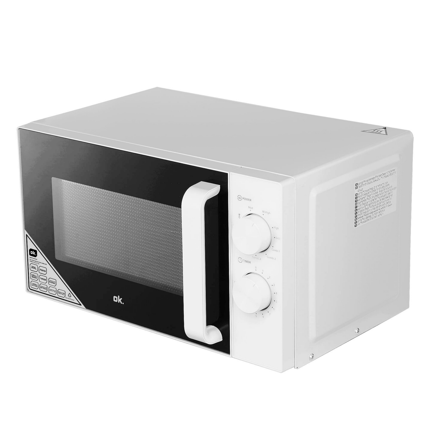 Un microondas blanco con puerta negra, tirador blanco y dos mandos giratorios a la derecha.