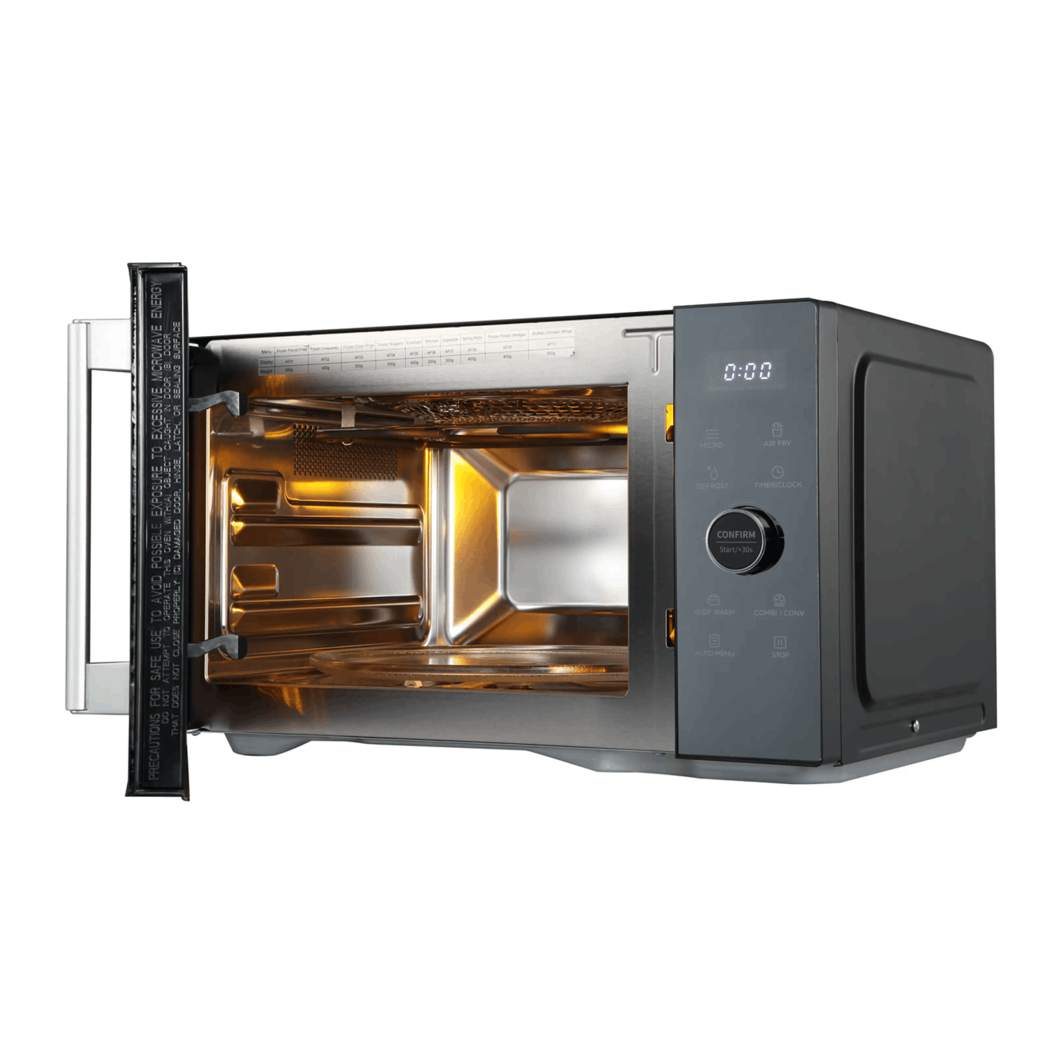 Moderna microondas negra con puerta abierta, interior iluminado y panel de control digital en el lateral.
