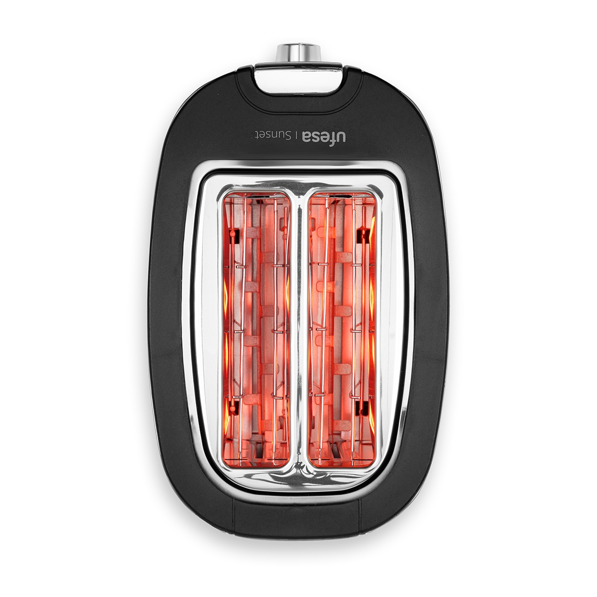 Vista superior de un calefactor radiante negro Ufesa con elementos calefactores rojos brillantes.