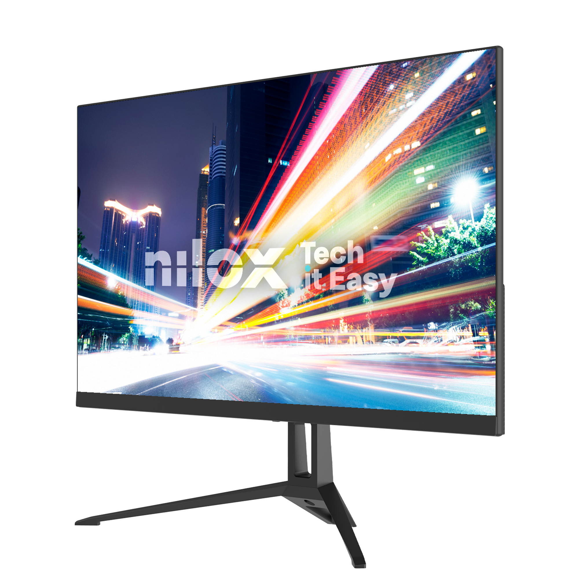 Un monitor Nilox negro que muestra una imagen vibrante de luces de la ciudad de noche.