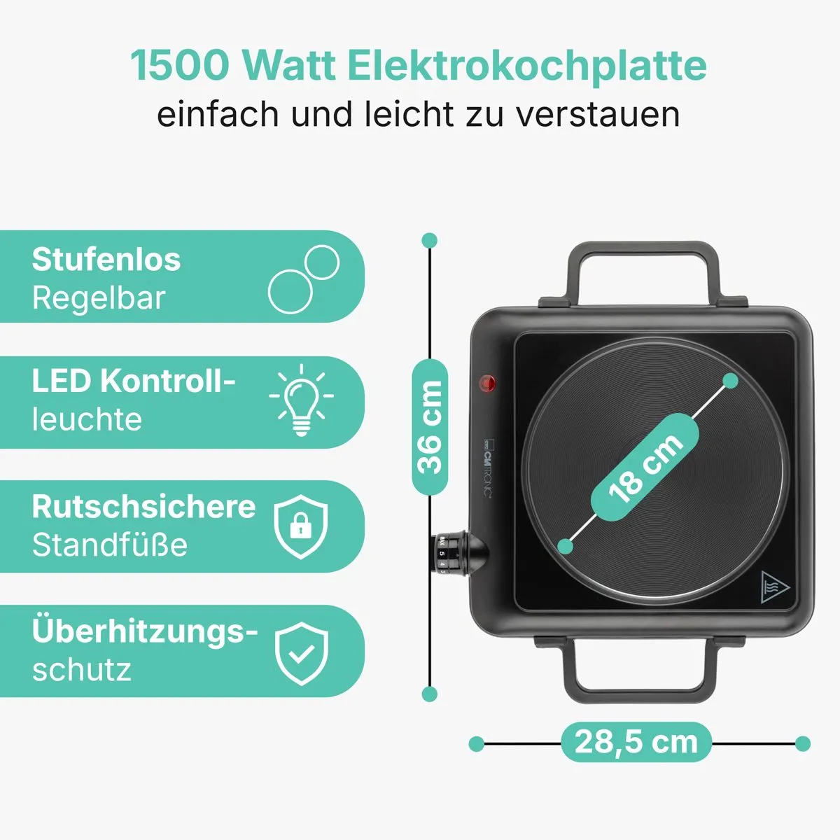 Eine 1500 Watt Elektrokochplatte mit Abmessungen, Griffen und Funktionen wie stufenloser Regelung.