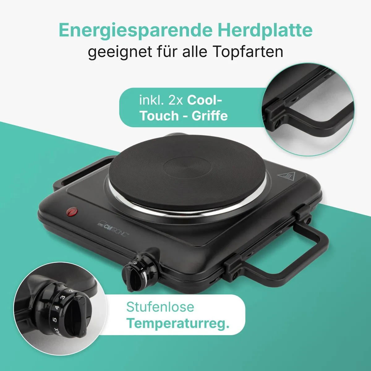 Eine schwarze elektrische Einzelherdplatte mit Seitengriffen, Temperaturregler und Detailansichten.