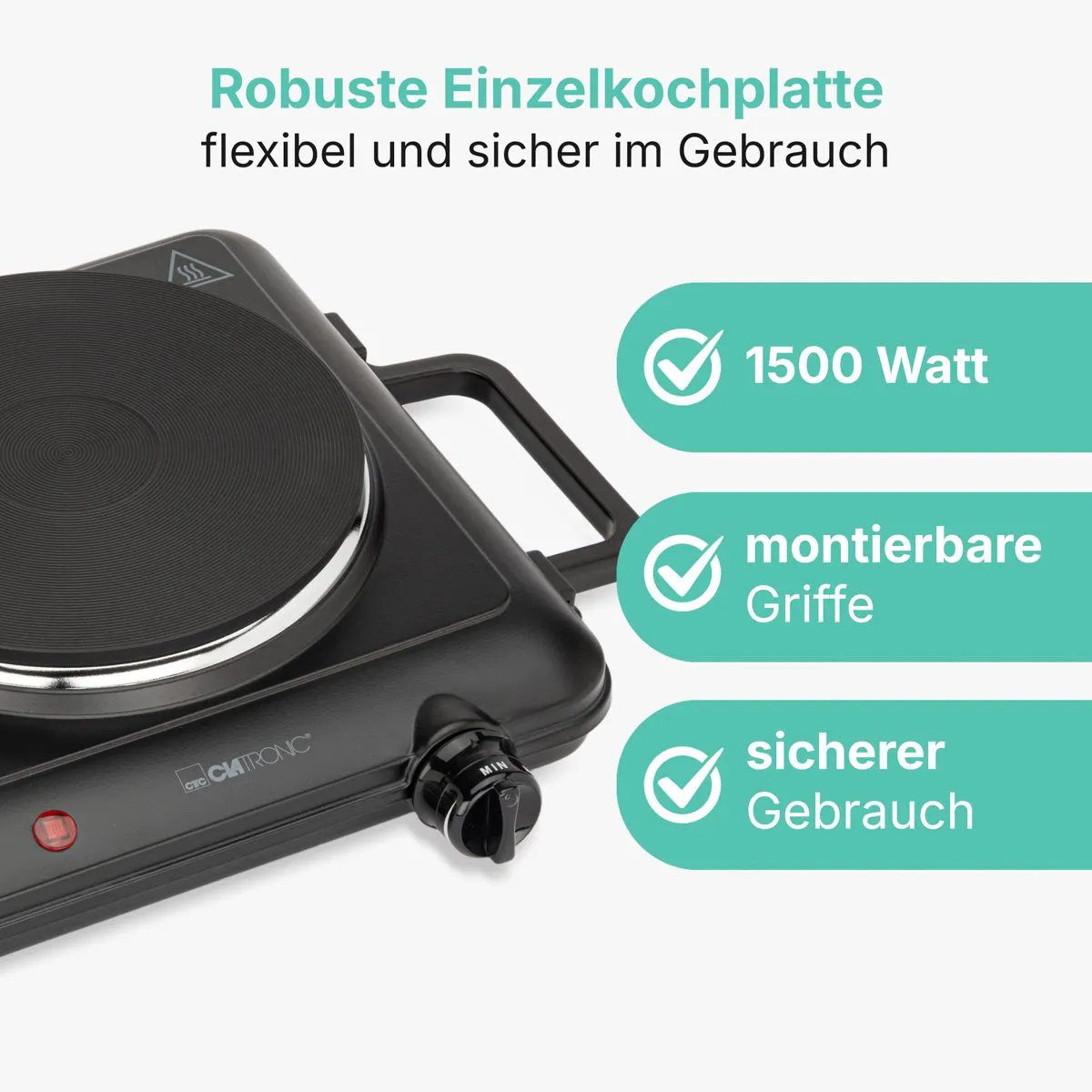 Eine schwarze Einzelkochplatte mit Griff und Drehregler, die 1500 Watt, Griffe und Sicherheit betont.