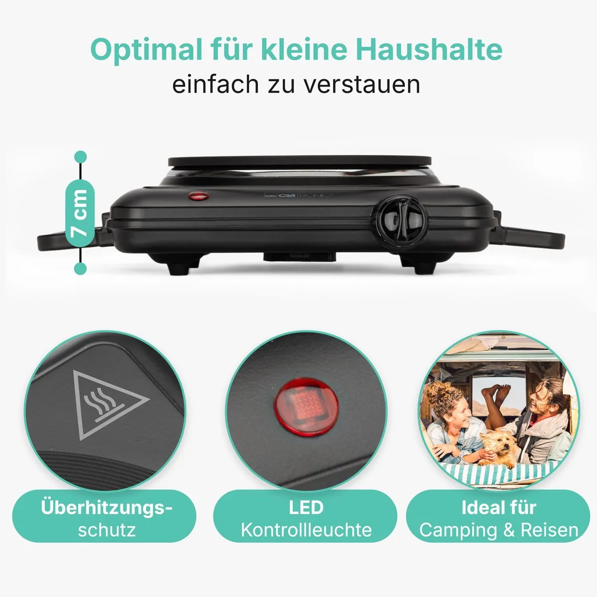 Kompakte schwarze Kochplatte mit 7 cm Höhe, Überhitzungsschutz, LED-Kontrollleuchte und ideal für Camping.