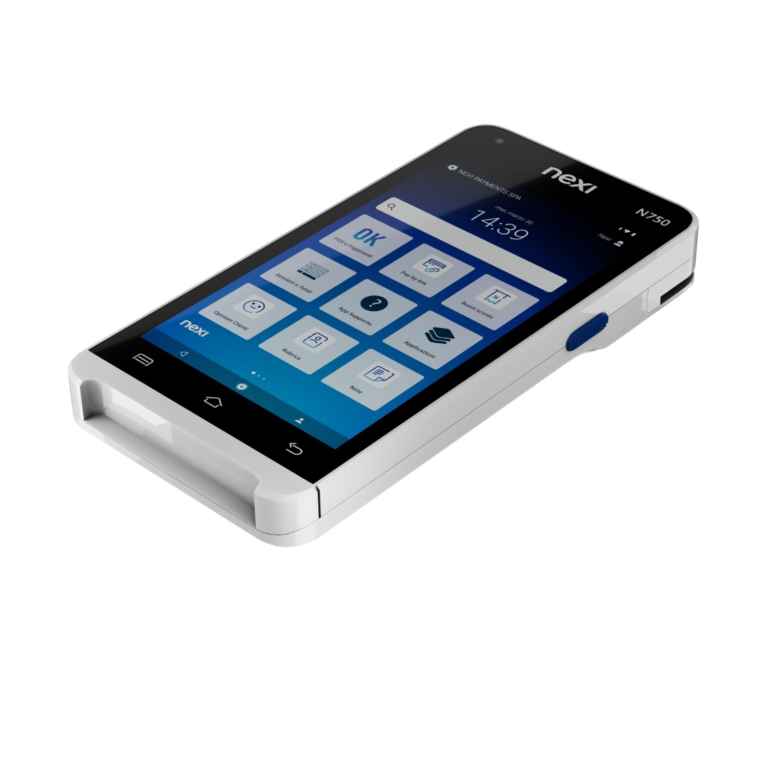 Un terminale di pagamento POS Nexi N750 bianco con schermo tattile e icone di app su sfondo bianco.