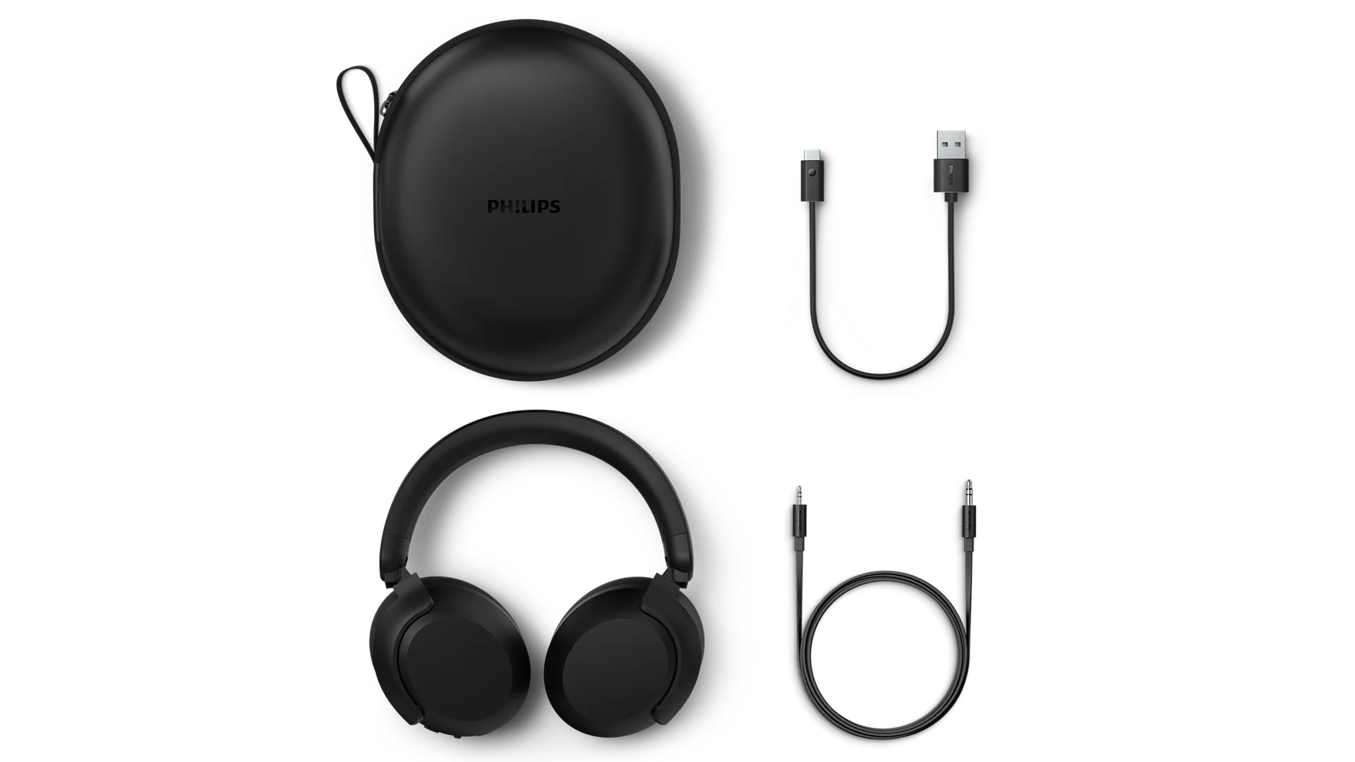 Uyumlu yuvarlak kılıf, USB şarj kablosu ve ses kablosu içeren siyah Philips kulak üstü kulaklık seti.