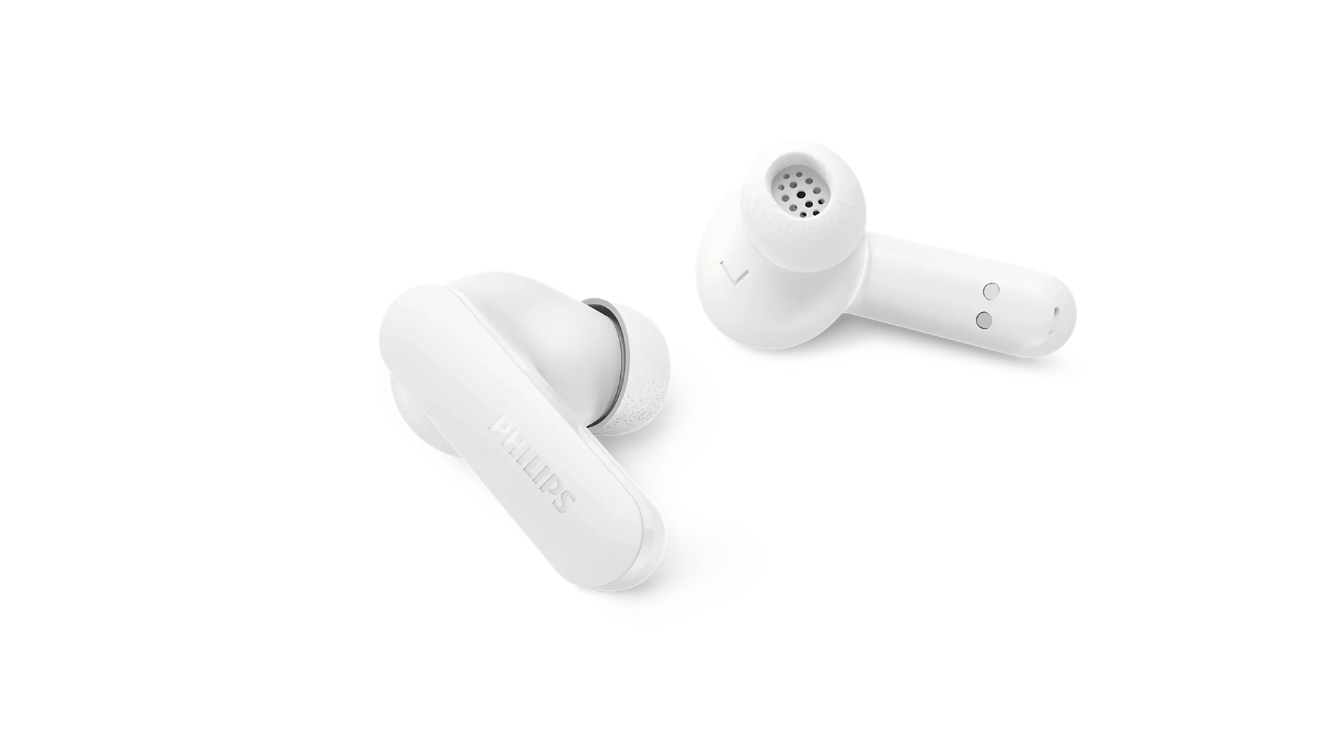 Beyaz arka planda iki adet beyaz Philips kablosuz kulaklık.