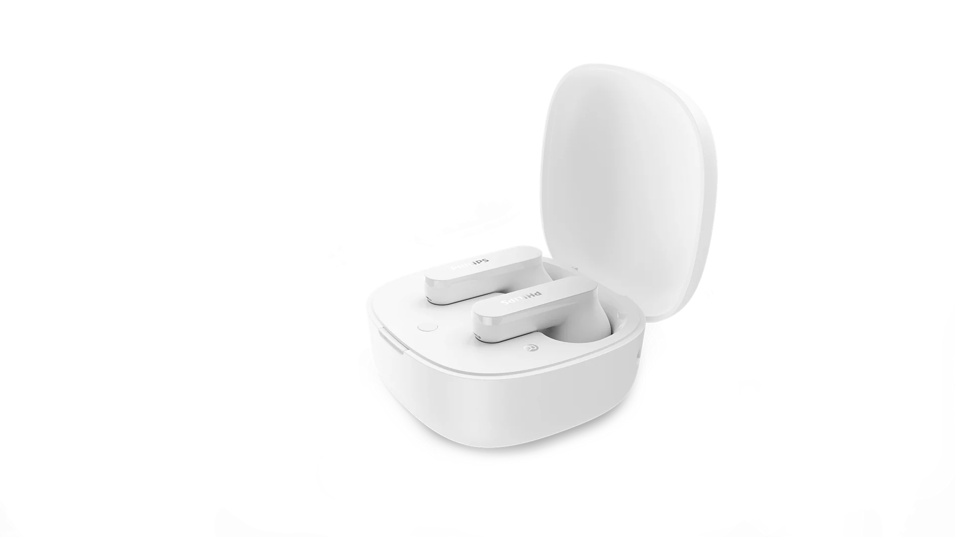 Beyaz arka planda açık şarj kutusu içinde beyaz Philips kulak içi kulaklıklar.