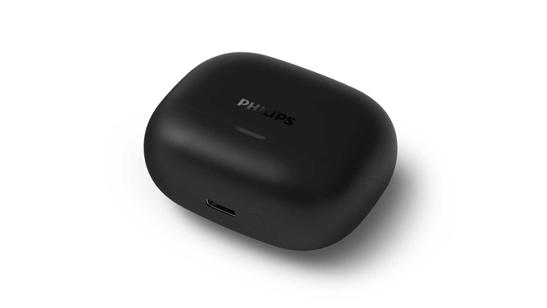 Beyaz arka planda USB-C bağlantı noktasına sahip siyah Philips kablosuz kulaklık şarj kutusu.