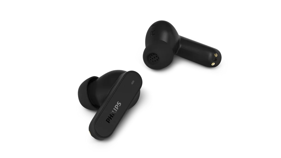 Beyaz arka planda gümüş renkli marka logolu iki siyah Philips kablosuz kulaklık.