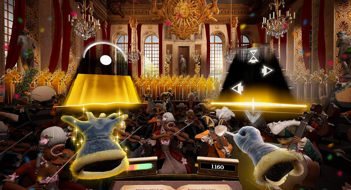Virtual-Reality-Szene eines Orchesters in einem prunkvollen Saal, aus Dirigentenperspektive gesehen.