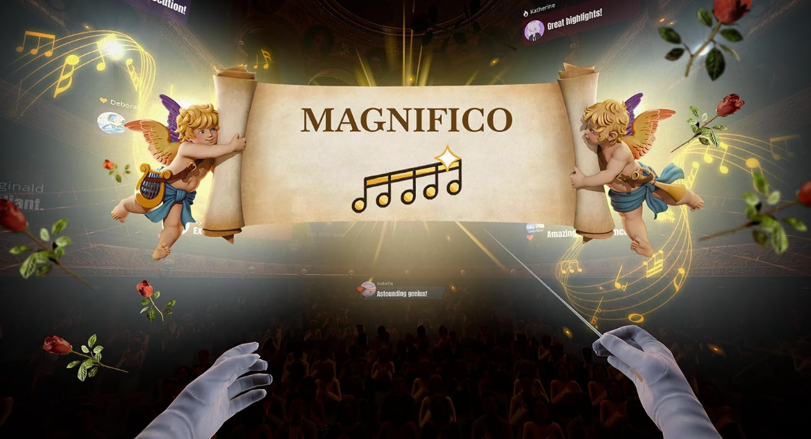 Geflügelte Putten halten eine Schriftrolle mit der Aufschrift MAGNIFICO über einem Konzertsaal.